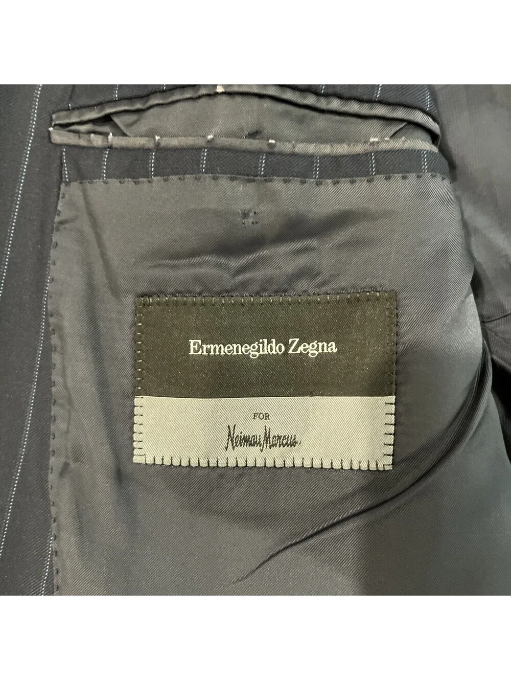 ERMENEGILDO ZEGNA MENS SUIT JACKET BLAZER 44R BLUE WITH PINSTRIPES WOOL SILK